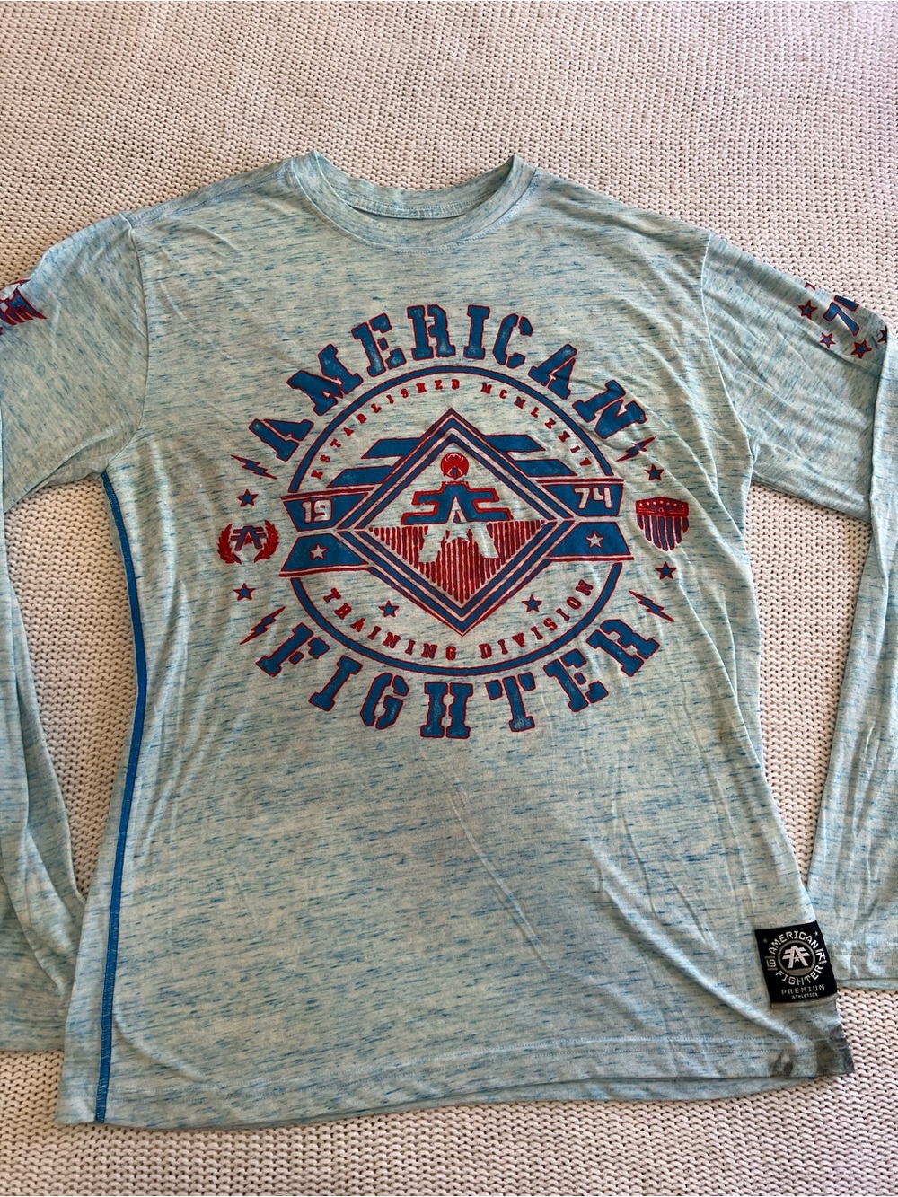 American Fighter Light Blue Long Sleeve Graphic Shirt with Red & Navy Accents